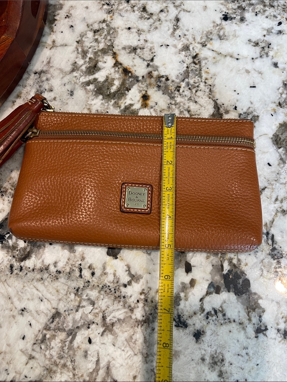 Dooney & Bourke Cognac Pebbled Leather Wristlet with Tassels - Picture 8 of 9